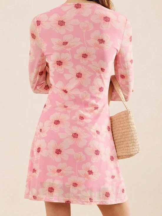 Pink Elegant Women's Long Sleeve Floral Mini Dress - Picture 2 of 6
